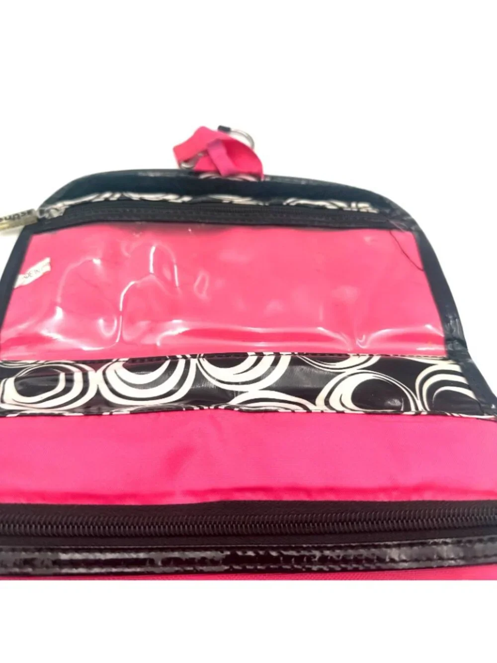Scunci Hanging Travel Cosmetic Makeup Organizer Bag Black White Circle Print